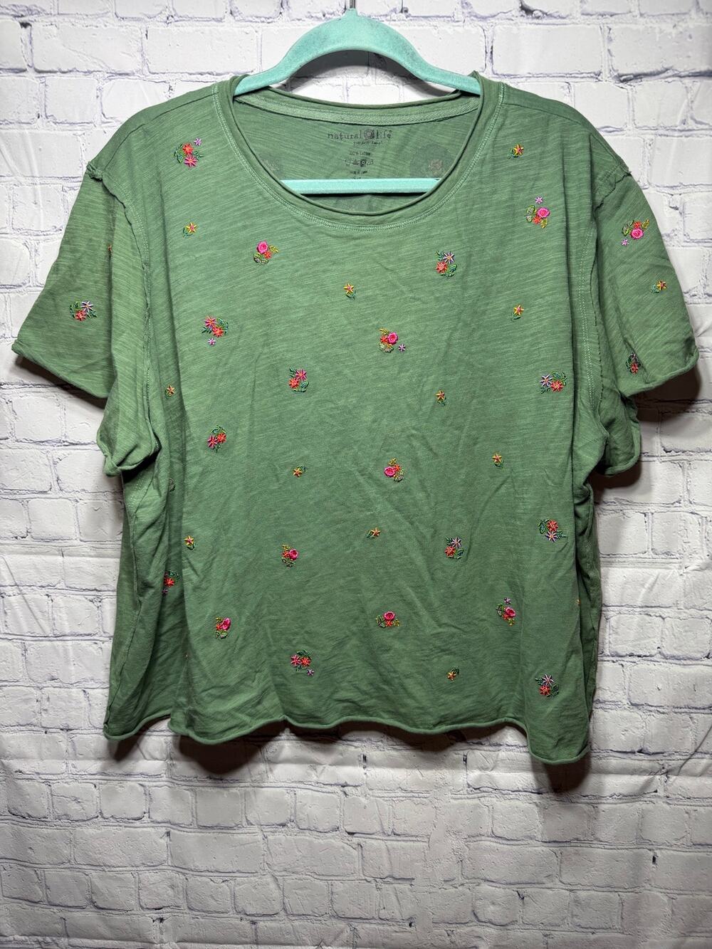 Natural Life Aiden Embroidered Cotton Tee Green Sz XL Cottagecore NWOT